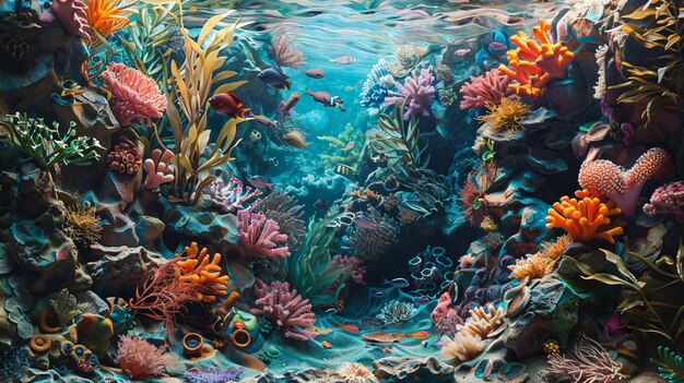 Colorful coral reef teeming with tropical fish seaweed and sponge