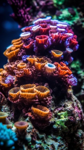 A colorful coral reef with a black background