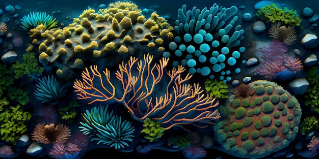 A colorful coral reef with a blue background