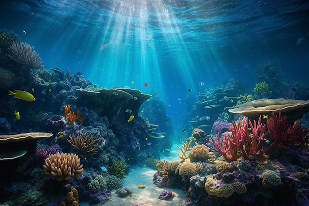 透き通った青い水の中の魚とカラフルなサンゴ礁の水中写真