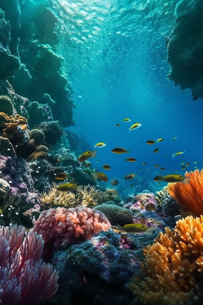 透き通った青い水の中の魚とカラフルなサンゴ礁の水中写真