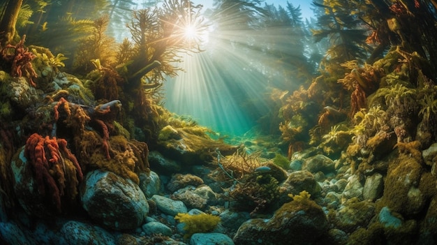 A colorful coral reef with a fish swimming around it.