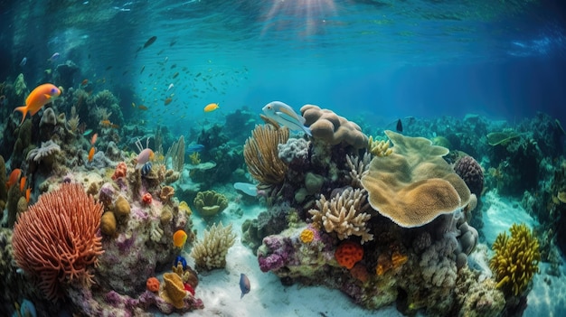 A colorful coral reef with a fish swimming in the water.