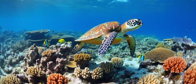 Colorful coral reef with many fishes and sea turtle