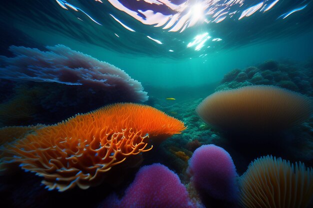 A colorful coral reef with a yellow fish swimming in the water.