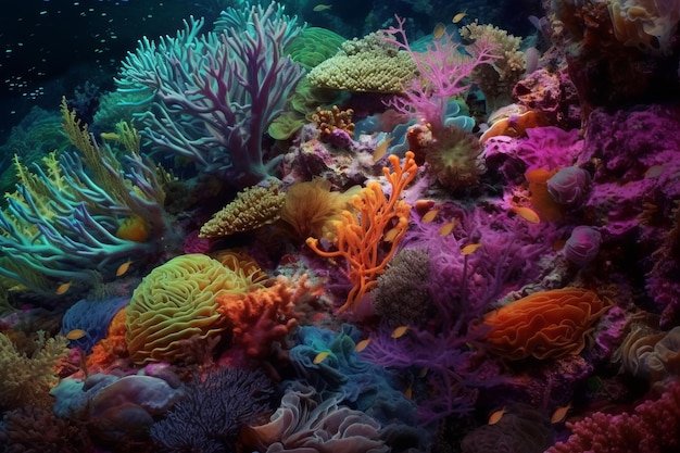 A colorful coral reef with a yellow fish swimming in the water.