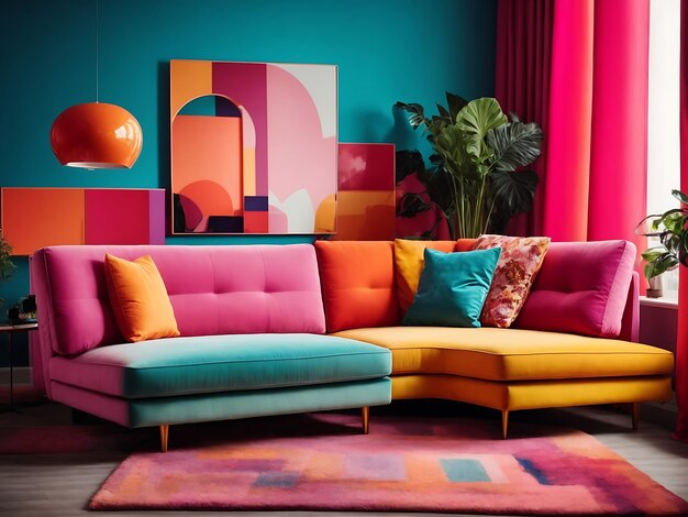 Colorful corner sofa in apartment Interior design of pop art style colorful living room