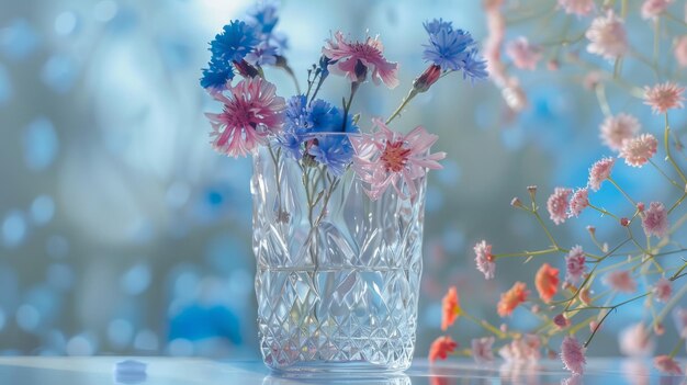 青い背景のガラスの花瓶に彩ったコーンフラワー