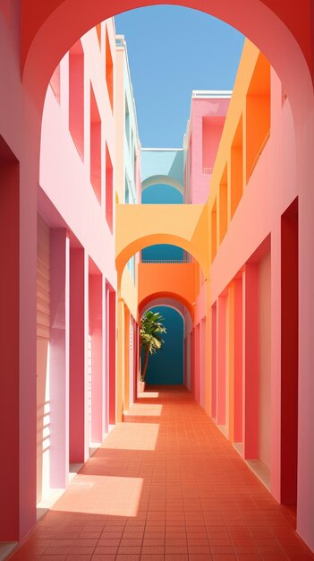 Photo a colorful corridor with a palm tree in the middle.