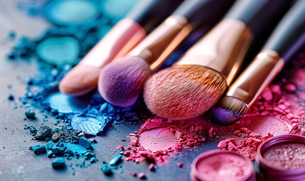colorful cosmetic powders and makeup brushes makeup products set close up background