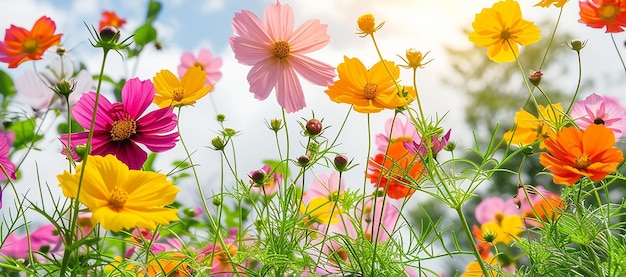 Colorful cosmos flowers blooming in the garden with blue sky background