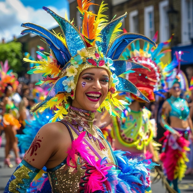 Красочные костюмы на карнавальном параде в Ноттинг-Хилле