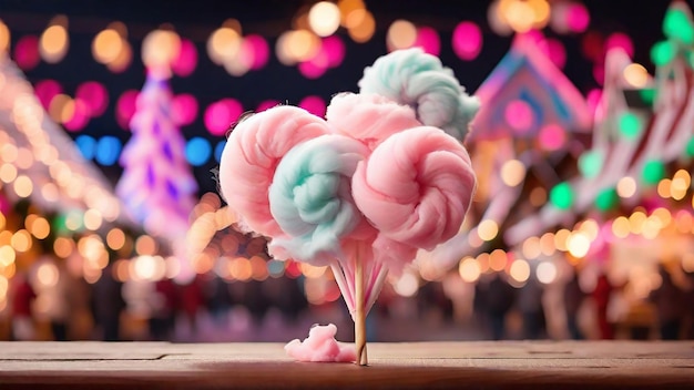 Colorful cotton candy on wooden table with bokeh on blurred christmas market background