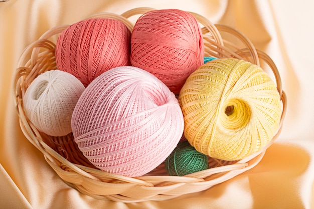 Colorful cotton yarn in the basket 