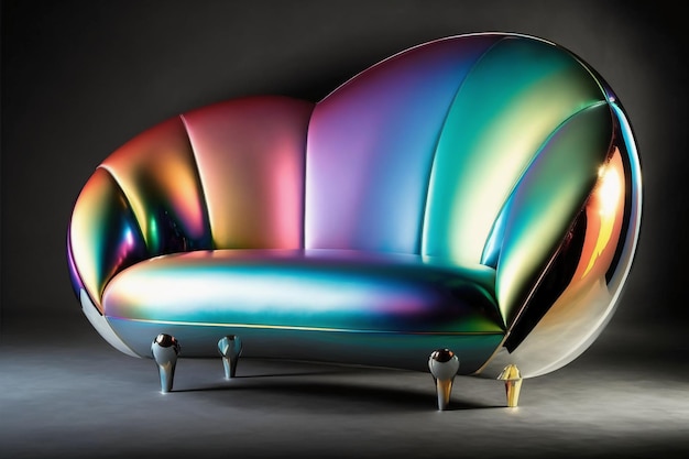 A colorful couch with a curved back and a white base.