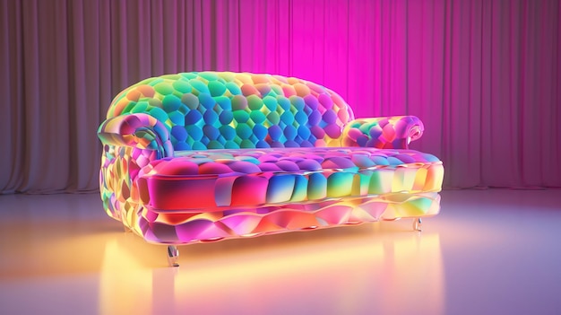 A colorful couch with a rainbow design on it