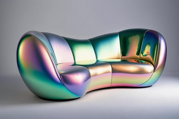 A colorful couch with a rainbow design on it