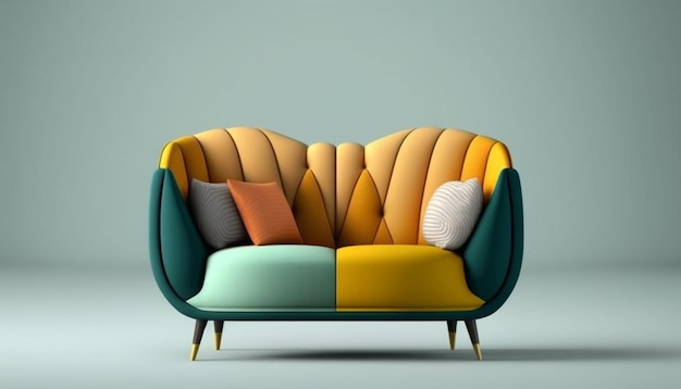 A colorful couch with a yellow and blue cushion.