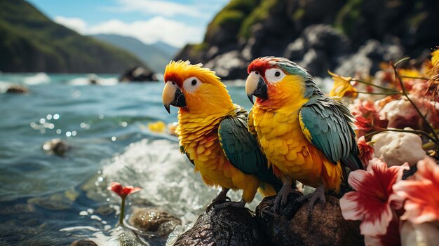 Foto una coppia di macawi colorati seduti su un tronco