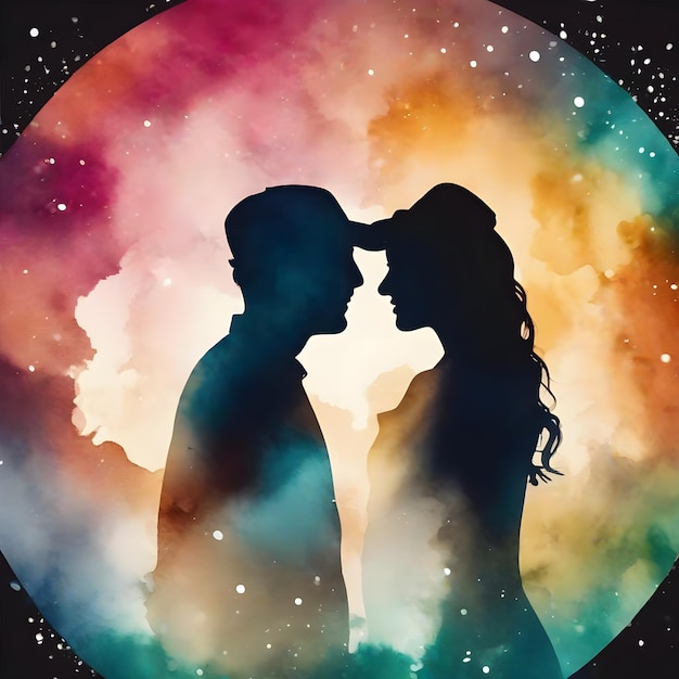 Colorful couple silhouette theme round bubble dripping watercolor ink design illustration