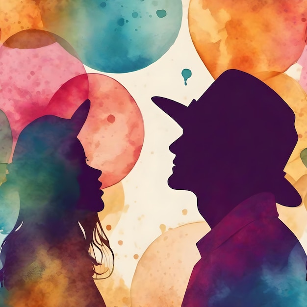 Colorful couple silhouette theme round bubble dripping watercolor ink design illustration