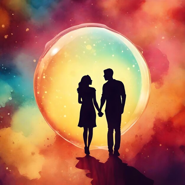 Colorful couple silhouette theme round bubble dripping watercolor ink design illustration