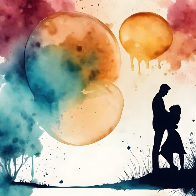 Colorful couple silhouette theme round bubble dripping watercolor ink design illustration