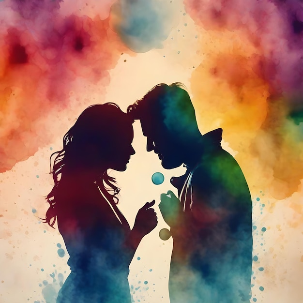 Colorful couple silhouette theme round bubble dripping watercolor ink design illustration