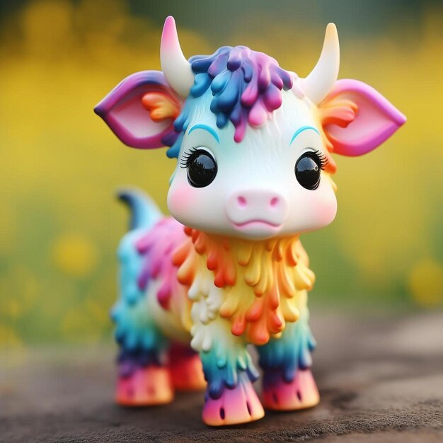 A colorful cow toy is standing on a wooden surface.