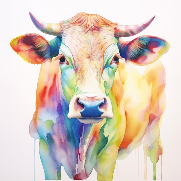 A colorful cow with a big horn is painted on a white background.