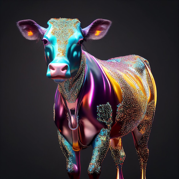 A colorful cow with a heart on its neck