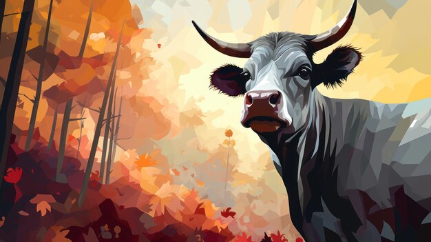 Photo colorful cow in the woods digital painting with smokey background