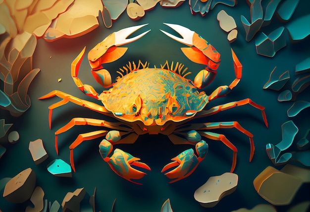 A colorful crab is in the water and has a blue tail.