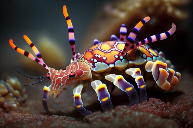 A colorful crab with a black and purple pattern.