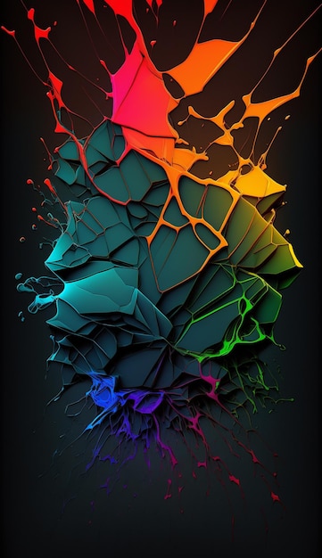 A colorful cracked glass wallpaper with a black background and a splash of paint.