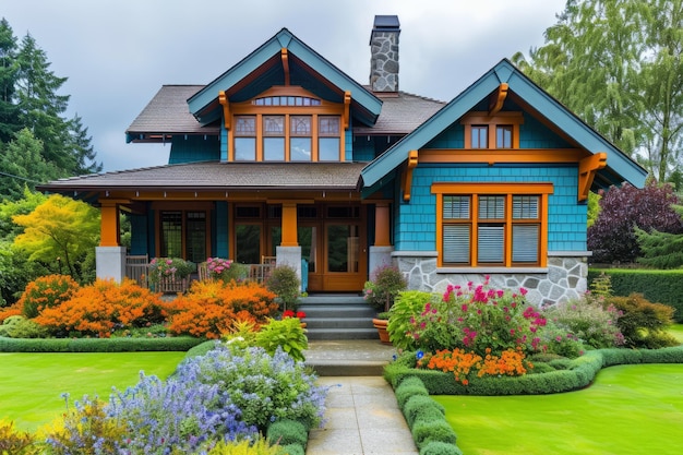 Photo colorful craftsman style house with beautiful landscaping