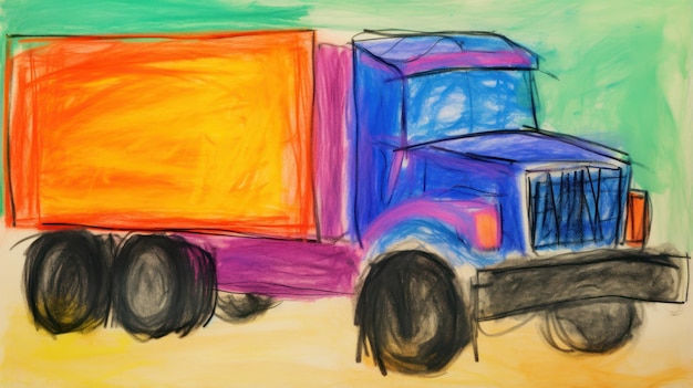Colorful crayon drawing of a truck driver's truck ai generated