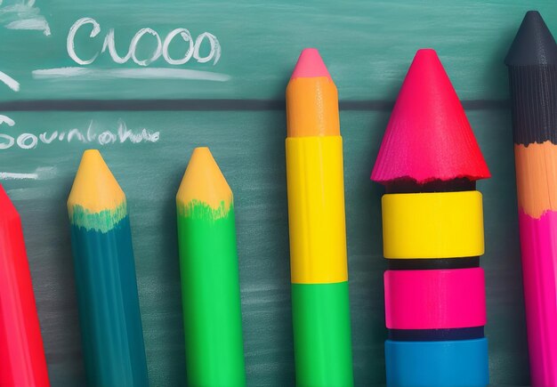 Colorful crayons on the blackboard drawing Back to school background
