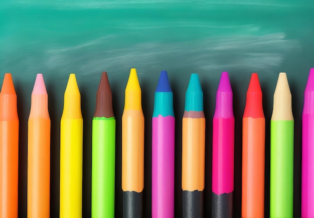 Colorful crayons on the blackboard drawing Back to school background