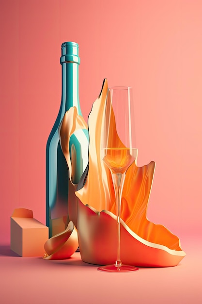 Красочный креативный дизайн с праздничной бутылкой и бокалом шампанского Фон для вечеринки Шаблон для рекламы в социальных сетях и модной рекламы Плакат флаер поздравительная открытка AI генеративный
