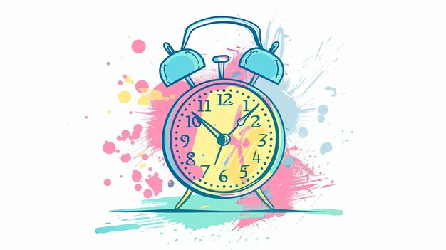 A colorful and creative illustration of an alarm clock The clock is yellow with blue bells and has a pink and blue abstract background