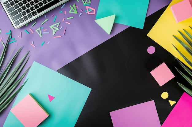노트북 종이 와 밝은 색 의 다른 사무실 용품 을 가진 다채롭고 창의적 인 작업 공간