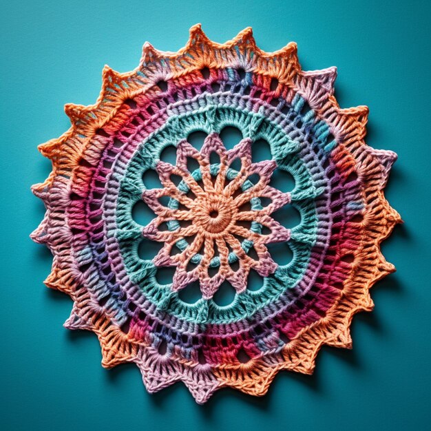 A colorful crochet pattern is displayed on a turquoise background.