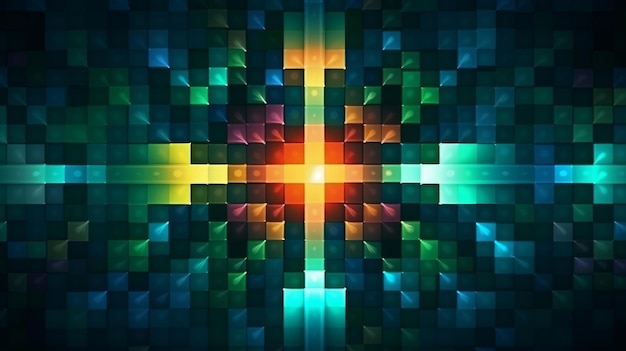 A colorful cross with a square in the middle.