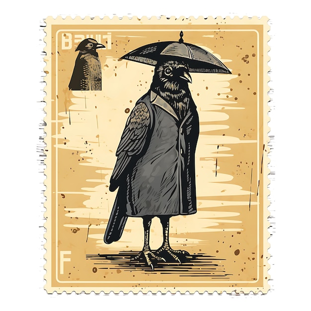 Colorful a crow bird with a detective suit wearing a trench coat and animal stamp collection idea