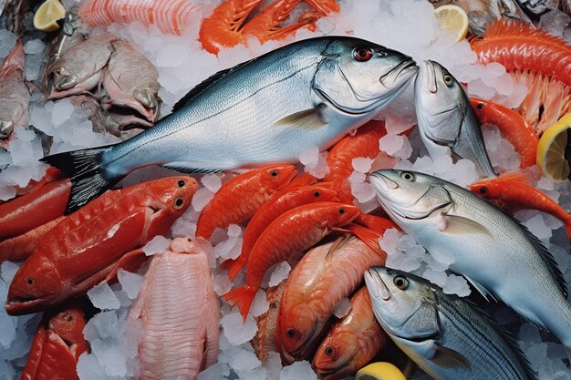 Colorful crowded fish market offers abundance of fresh seafood variety