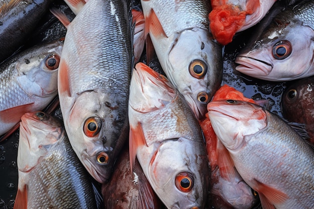 色とりどりの混雑した魚市場は様々な新鮮な海産物を豊富に提供しています