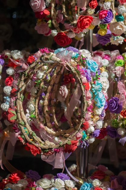 Colorful crowns made of fake flowers