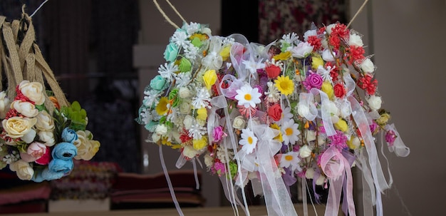 Colorful crowns made of fake flowers