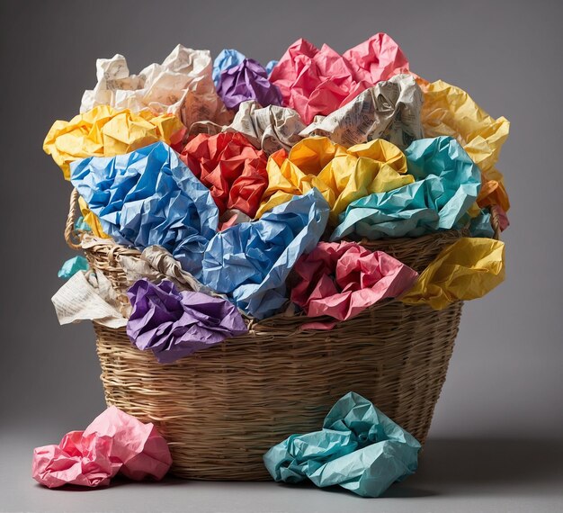 Photo colorful crumpled paper balls in a basket on grey background